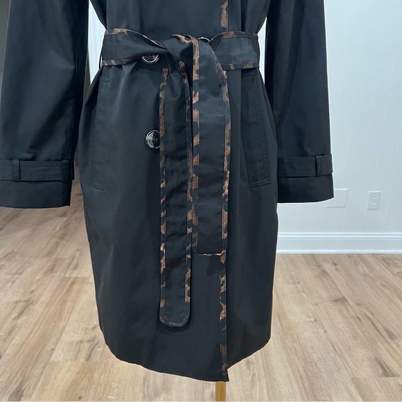 Tahari Black Raincoat Leopard Trim Belted Double Breasted Trench Size S - Picture 9 of 16